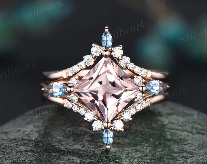 Art Deco Princess Cut Natural Morganite Engagement Ring Set 14k Rose Gold Blue Topaz Moissanite 3pcs Bridal Ring Set