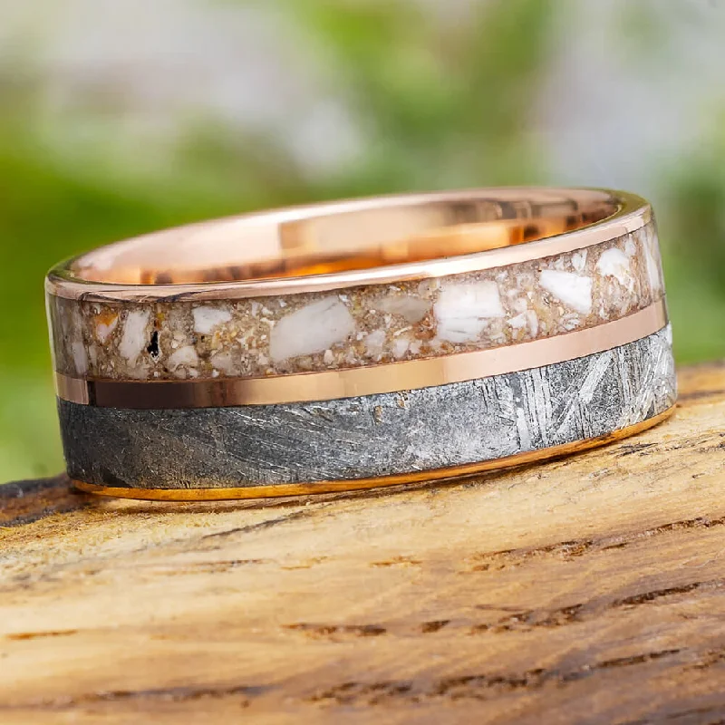 Solid Rose Gold Memorial Ring With Ashes & Meteorite