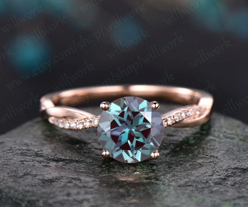 7mm round cut Alexandrite engagement ring solid 14k rose gold twisted real diamond ring Alexandrite ring vintage bridal wedding promise ring