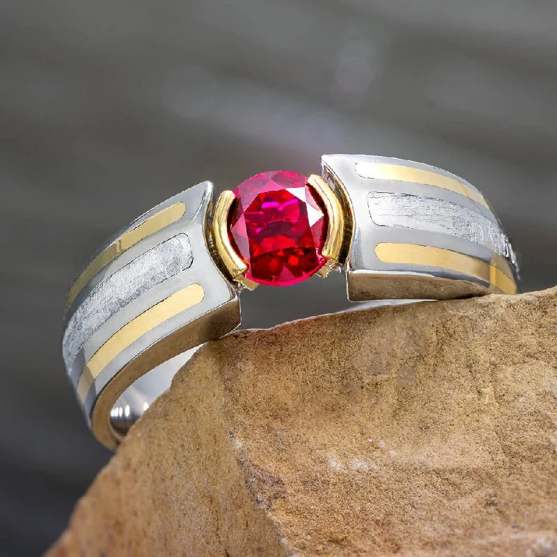 Modern Engagement Ring with Meteorite, Ruby, and Gold Pinstripes