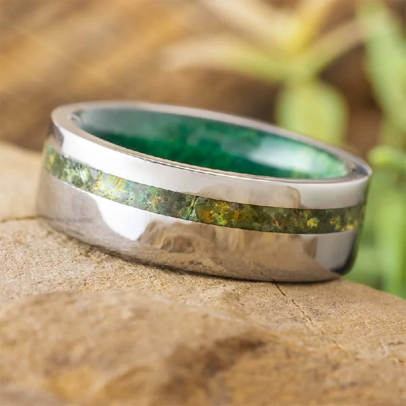 Chrysocolla and Green Box Elder Burl Wedding Band in Titanium