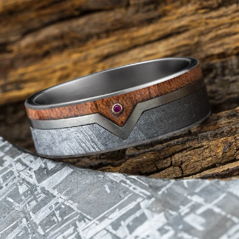 Ruby Wedding Band with Meteorite and Mahogany Wood