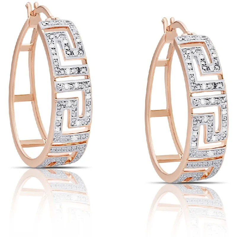 Finesque Silver or Gold Overlay 1/4ct TW Diamond Greek Key Design Hoop Earrings (I-J, I2-I3)