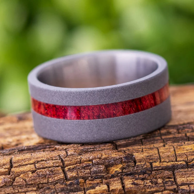 Sandblasted Titanium Wedding Band With A Thin Bloodwood Pinstripe