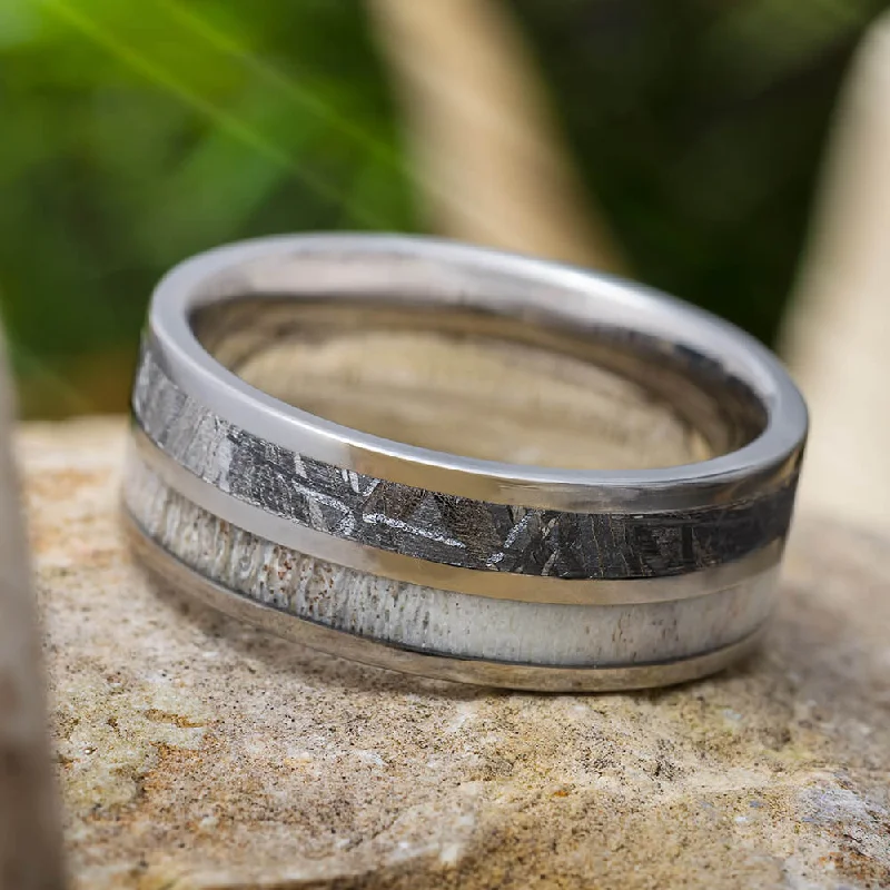 Antler & Meteorite Ring With Gold Pinstripe