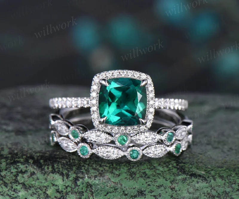 Vintage cushion cut emerald engagement ring solid 14k white gold half eternity halo diamond promise bridal wedding ring set women jewelry