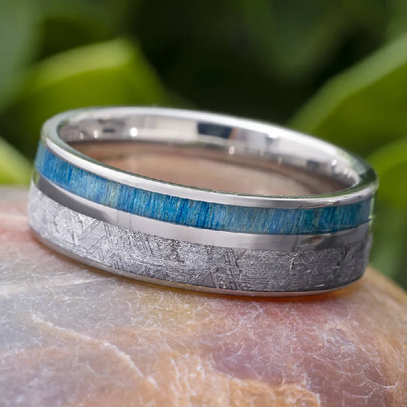 Meteorite & Blue Wood Men's Wedding Band with Pinstripe