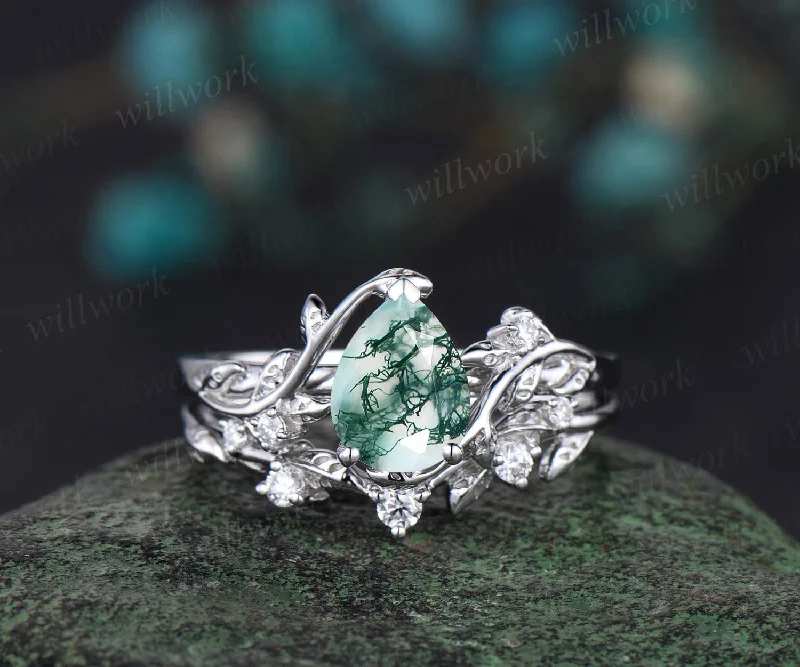 Leaf Pear shaped moss agate engagement ring set solid 14k white gold three stone diamond art deco ring women unique wedding ring set