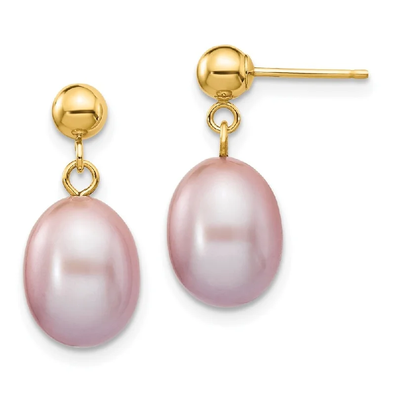 14k Yellow Gold 8-9mm Purple Pearl Dangle Earrings (L-19 mm, W-8.5 mm)