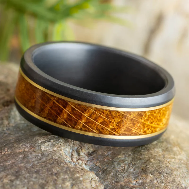 Gold and Black Zirconium Wedding Band with Whiskey Oak