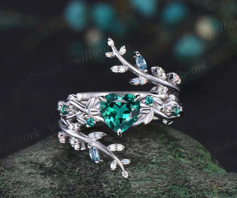 Vintage heart shaped green emerald engagement ring white gold nature inspired leaf opal wedding band enhancer twisted bridal ring set women