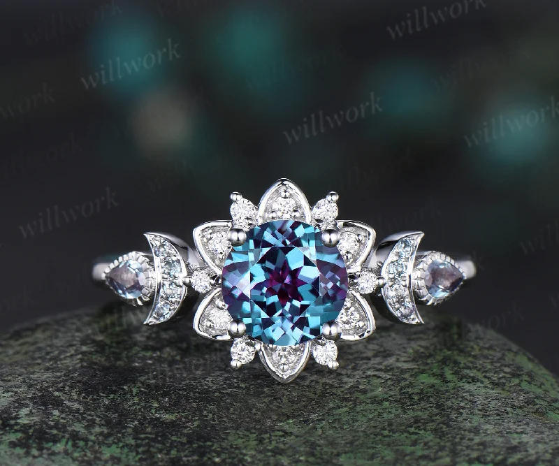 1ct Round cut Alexandrite engagement ring cluster floral moon halo diamond wedding ring women 14k white gold