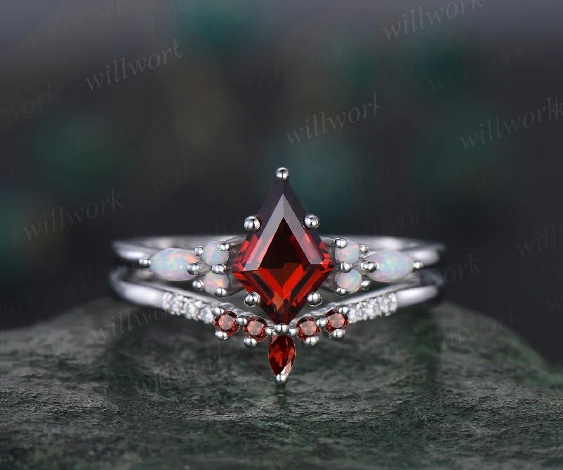 Kite red garnet ring vintage marquise opal ring 6 prong gemstone engagement ring moissanite garnet wedding band women 14k white gold silver