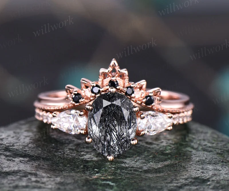 Vintage black rutilated quartz engagement ring set rose gold bridal ring set black diamond ring set unique moissanite ring set for women