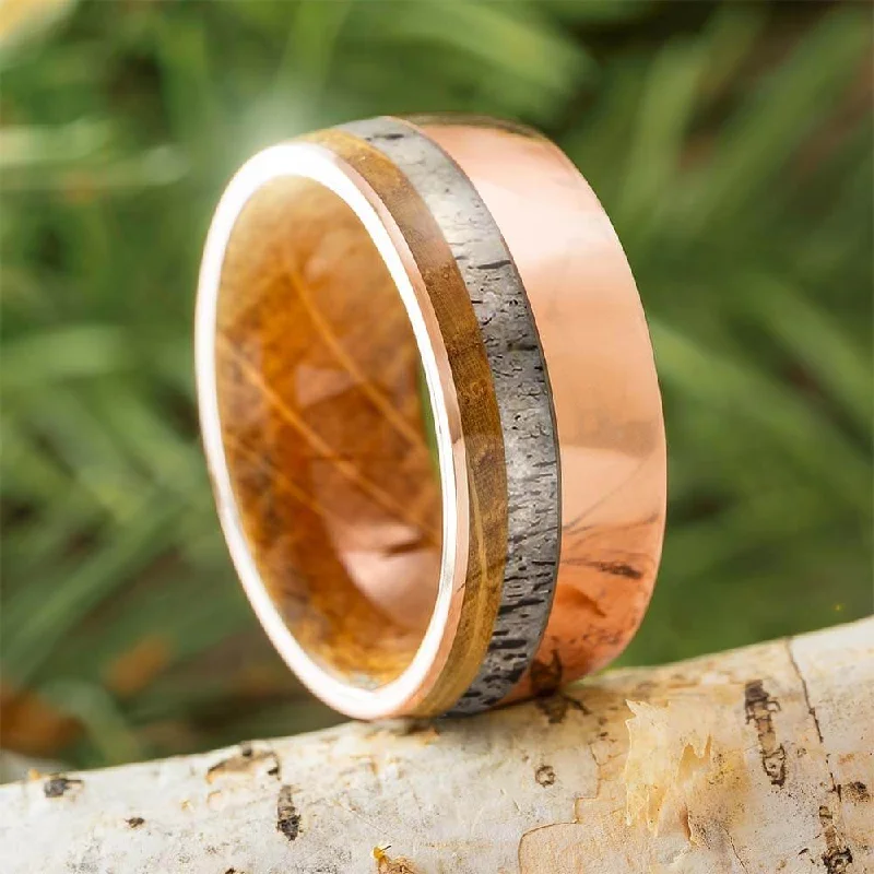 Rose Gold Men's Band With Antler & Whiskey Barrel Oak