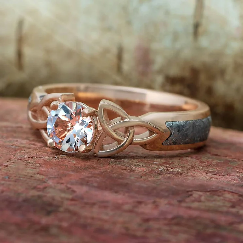 Meteorite Engagement Ring With Morganite and Trinity Knots