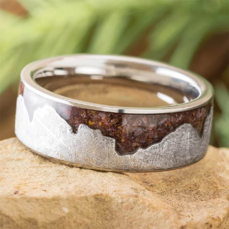 Wavy Mountain Ring With Meteorite and Fossil