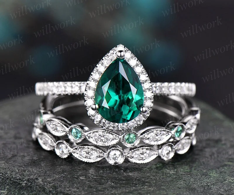 3pcs emerald engagement ring set white gold vintage natural emerald ring for women diamond halo ring unique bridal set art deco jewelry gift