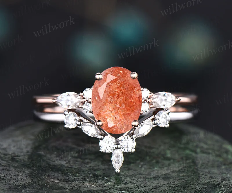 Oval orange sunstone ring gold vintage sunstone engagement ring set art deco unique engagement ring marquise cut moissanite ring for women