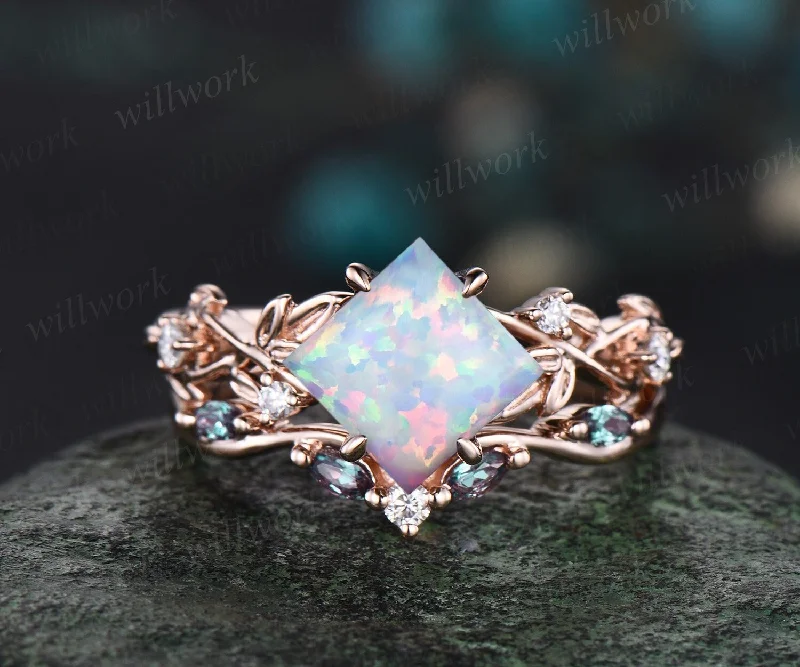 Princess white opal engagement ring set 14k rose gold five stone leaf branch Nature inspired alexandrite diamond bridal ring set women gift