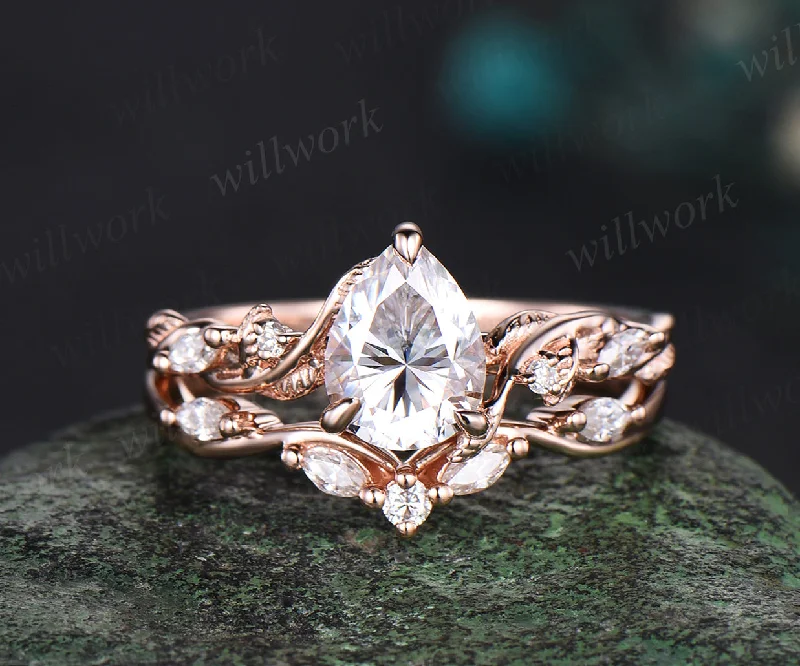 Pear moissanite Engagement Ring Set vintage rose gold Twist Leaf Vine diamond Ring Nature Inspired Branch promise Bridal ring Set women