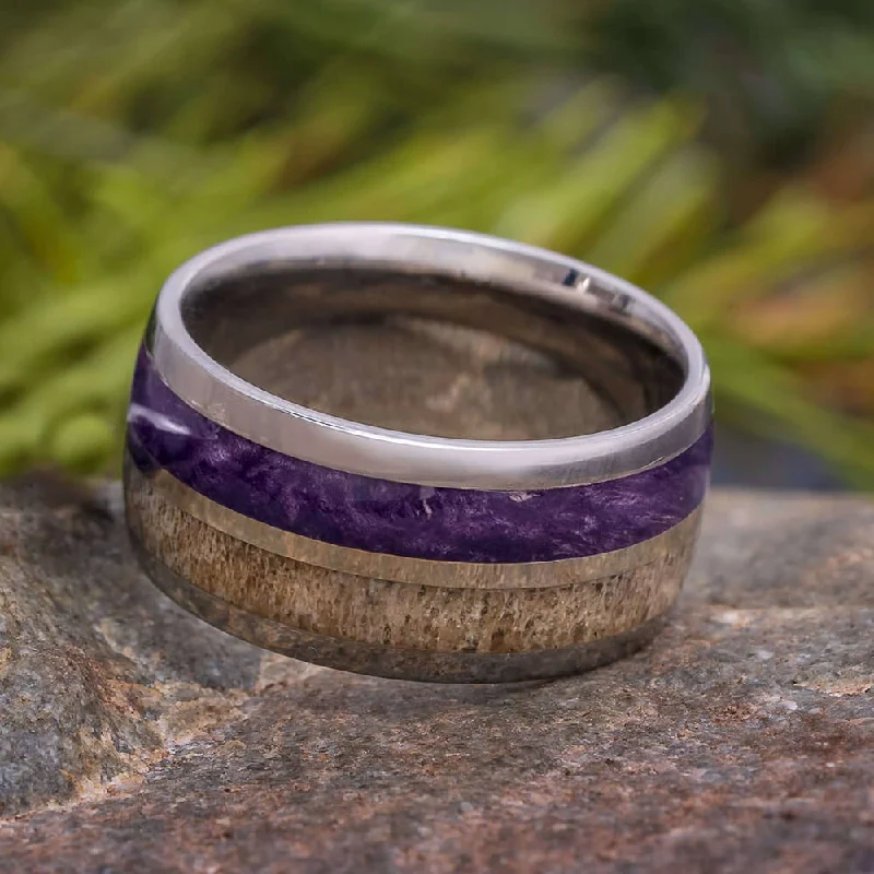 Purple Wood and Antler Wedding Band with Gold Pinstripe