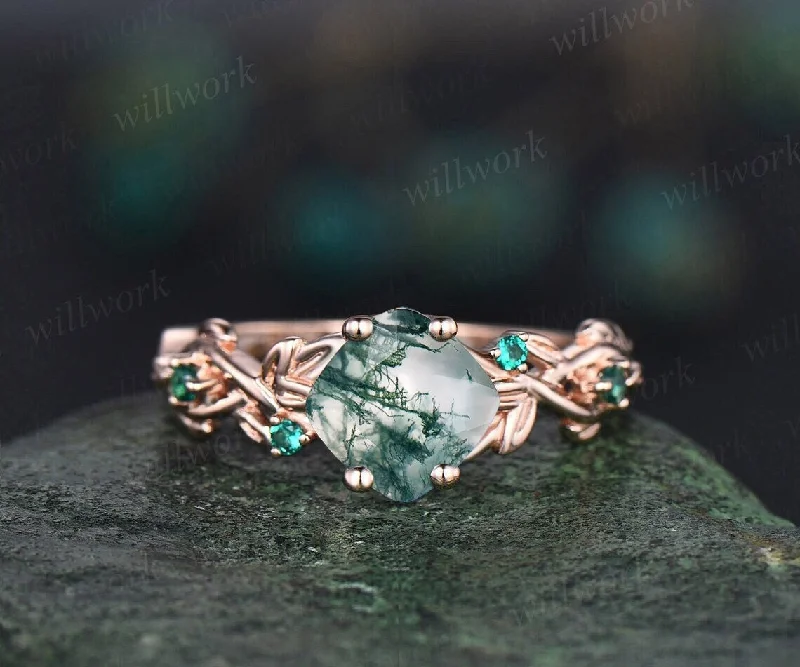 Twig cushion cut green moss agate engagement ring 14k rose gold five stone emerald ring vintage retro gemstone leaf wedding ring women gift