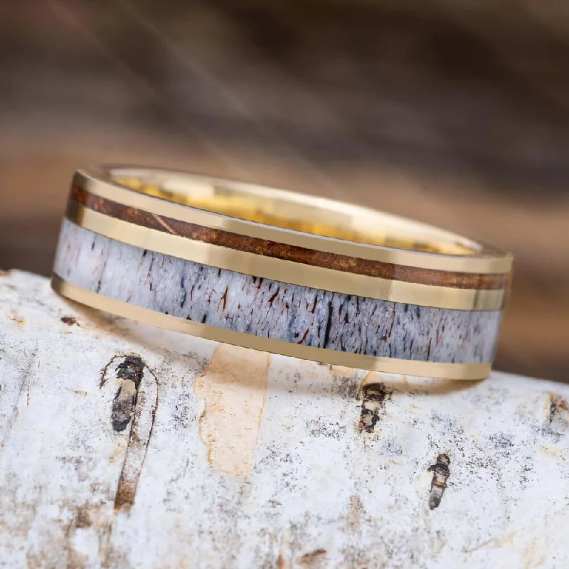 Men's Wedding Band with Deer Antler & Whiskey Barrel