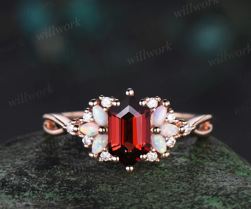 Long Hexagon cut garnet engagement ring rose gold women cluster opal diamond unique promise ring her infinity anniversary gfit