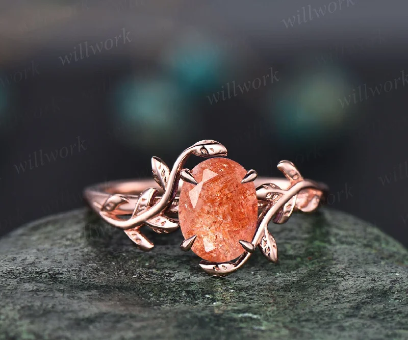 Oval orange sunstone ring gold vintage sunstone engagement ring rose gold leaf nature inspired engagement ring unique wedding ring for women