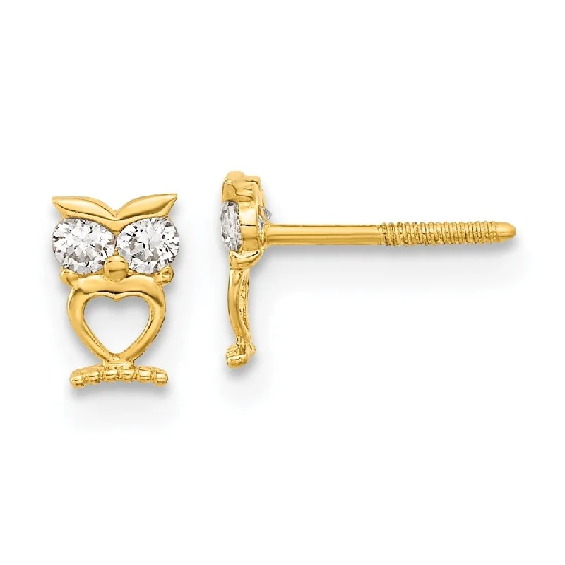 14k Yellow Gold Owl Cubic Zirconia Eyes Stud Earrings with Screwback (L-5.6 mm, W-3.9 mm)