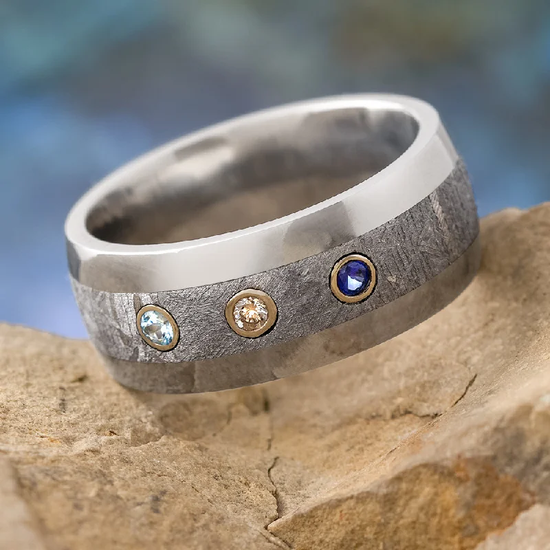 Meteorite Wedding Band With Sapphire, Diamond, And Topaz