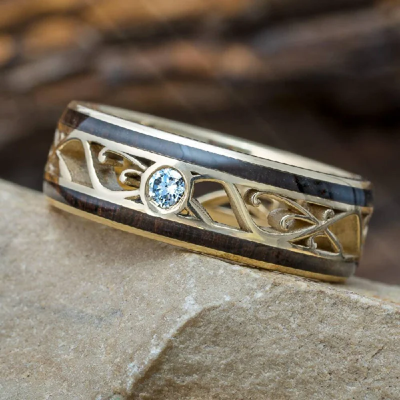 Art Nouveau Wedding Band, Diamond & Wood Ring