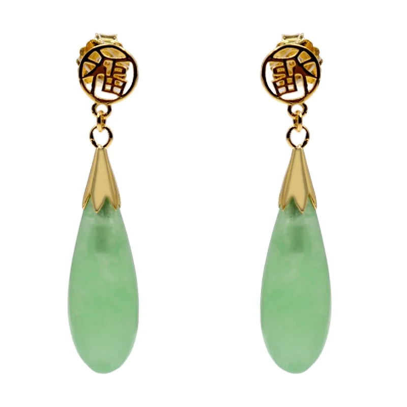 18k Yellow Gold Over Sterling Silver Green Jade Gemstone Drop Earrings