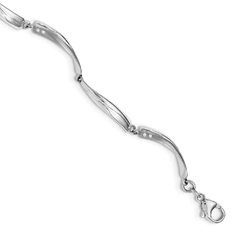 Satin & Polished Diamond Link Rhodium Plated Silver Bracelet, 7.5 Inch