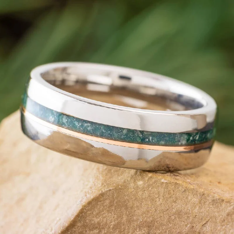 Men's Titanium and Emerald Ring with Rose Gold Pinstripe