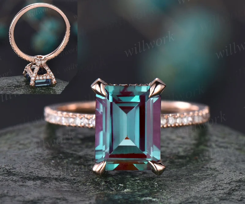 Emerald cut Alexandrite engagement ring under halo basket diamond ring for women rose gold vintage unique engagement ring wedding ring gift