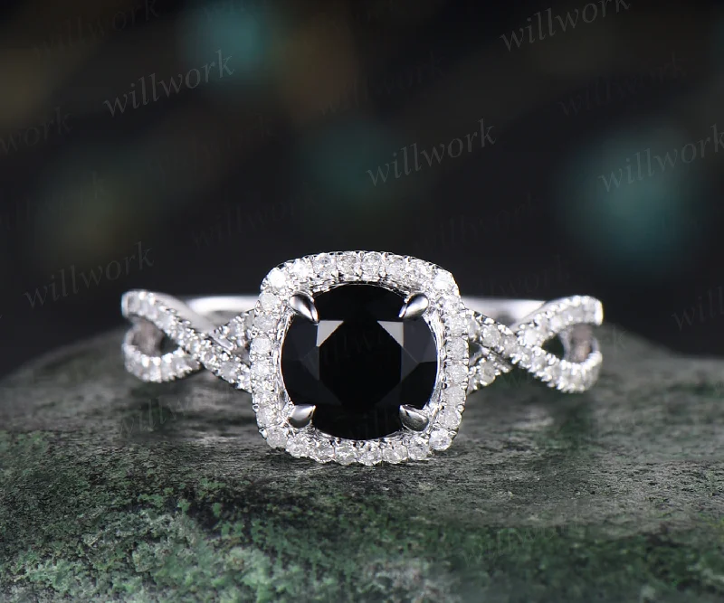 Natural round cut black onyx engagement ring 14k white gold halo diamond wedding ring infinity band twisted shank band anniversary gifts