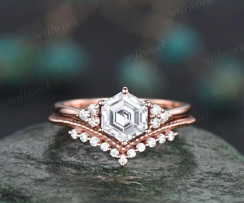 Unique moissanite engagement ring set hexagon cut ring vintage dainty diamond ring set 14k rose gold six prong wedding ring set for women