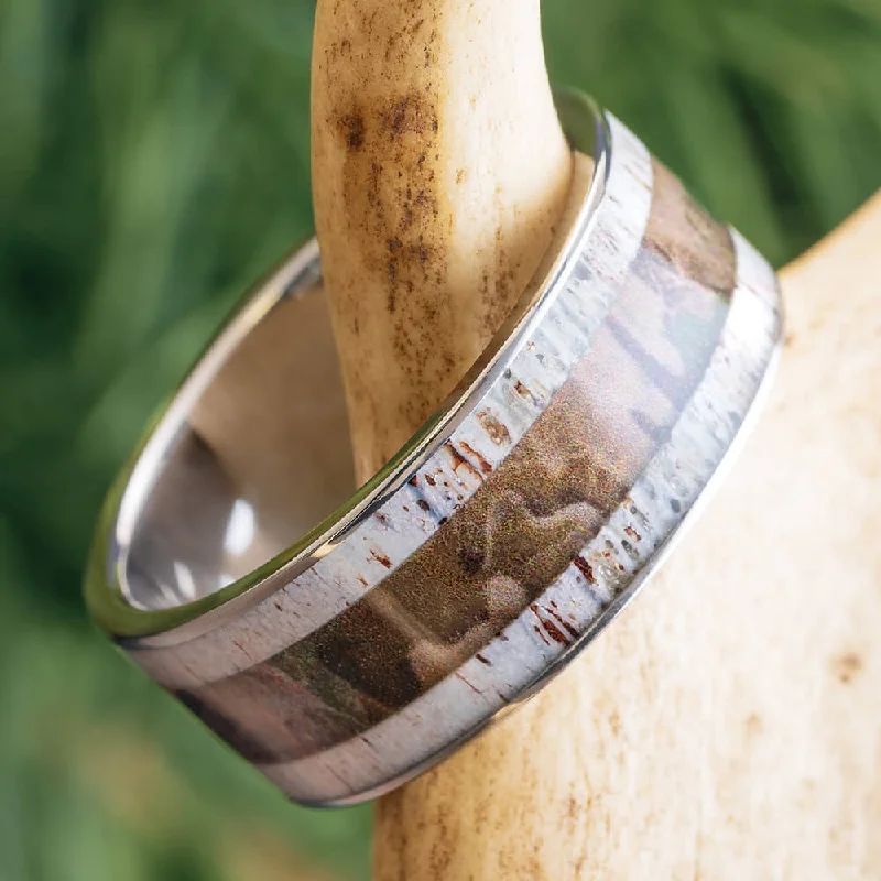 Woodland Camo And Deer Antler Men's Wedding Band in Titanium