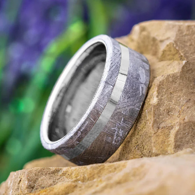 Men's Meteorite Wedding Band with Titanium Pinstripe