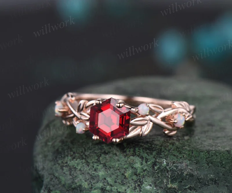 Twig red ruby ring vintage hexagon cut ruby engagement ring solid 14k rose gold leaf opal ring July birthstone ring anniversary ring gift