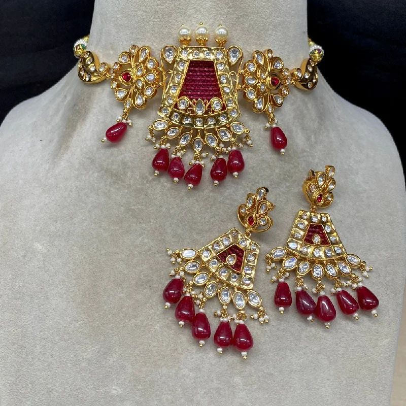 Amoliya Jewels Gold Plated Polki Kundan Stone And Beads Choker Necklace Set