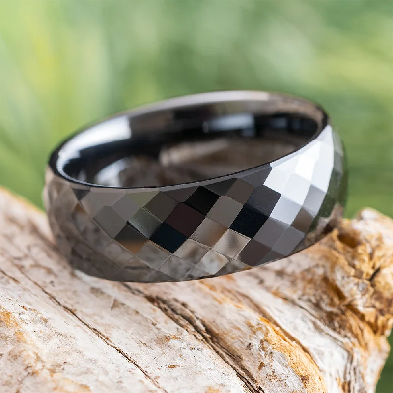 Faceted Black Ceramic Wedding Band for Men