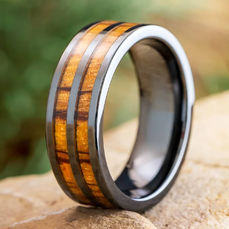 Wedding Band with Double Wood Pinstripes in Black Ceramic