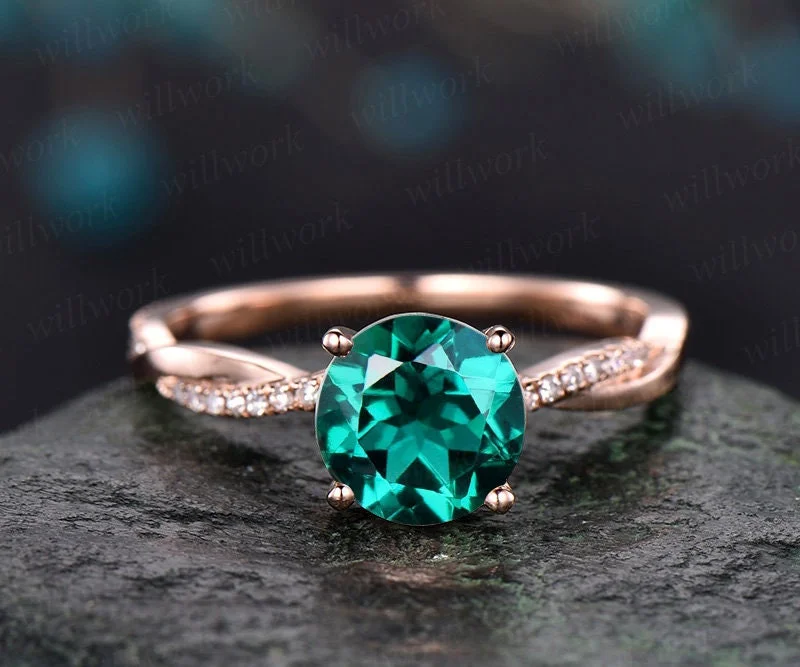 7mm round cut emerald engagement ring solid 14k rose gold twisted real diamond ring May birthstone emerald ring bridal wedding promise ring