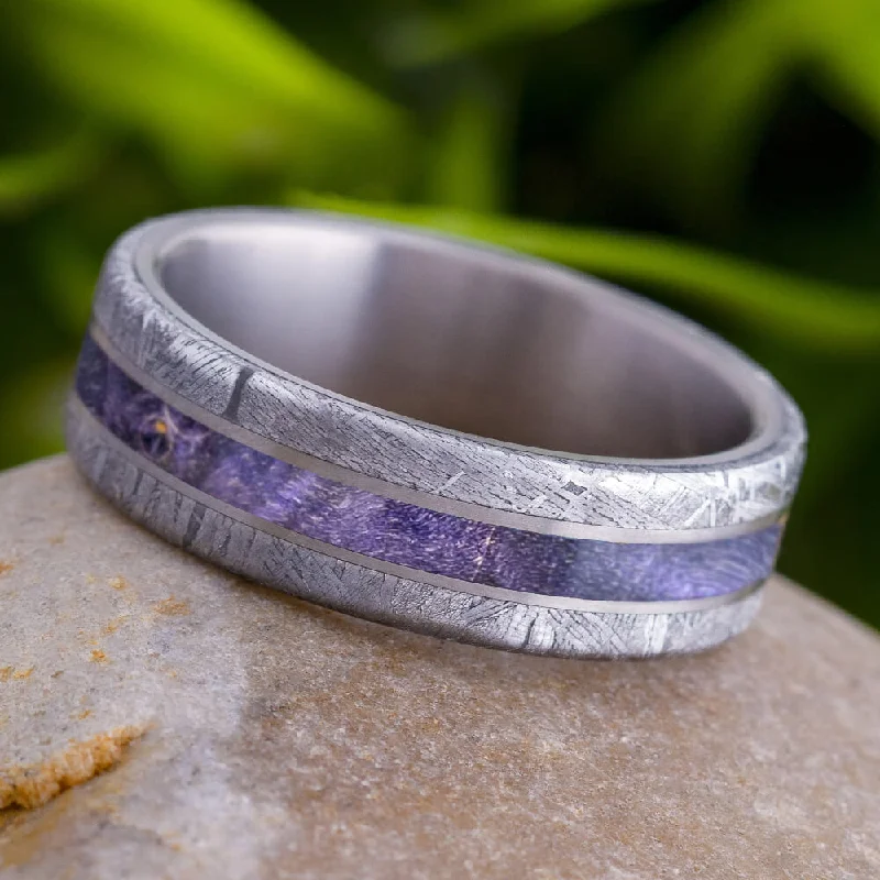 Purple Wood Men's Wedding Band Meteorite Edges Separated By Titanium Pinstripes