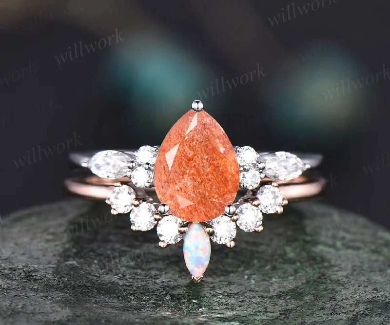 Pear shaped orange sunstone ring gold vintage unique sunstone engagement ring set art deco opal moissanite bridal wedding ring set women