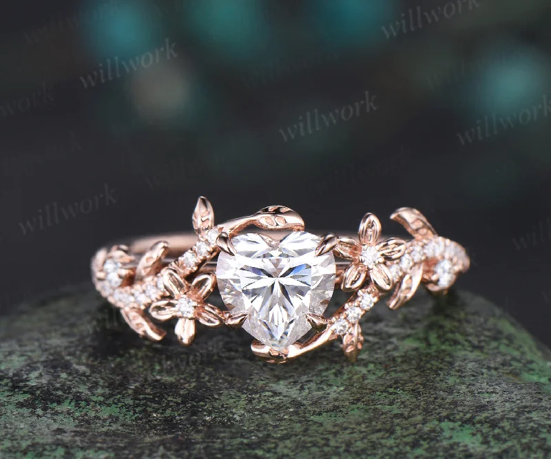 1ct Heart shaped moissanite ring vintage rose gold floral leaf engagement ring half eternity vine diamond promise wedding ring women