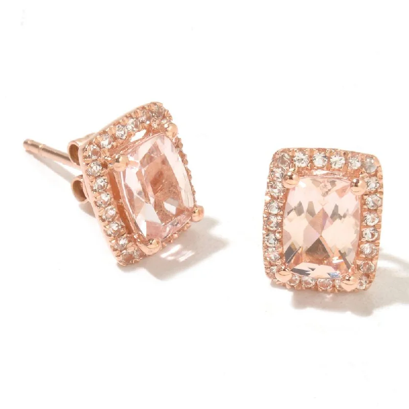 14k Rose Gold Morganite and Diamond Cut White Topaz Cushion-cut Stud Earrings